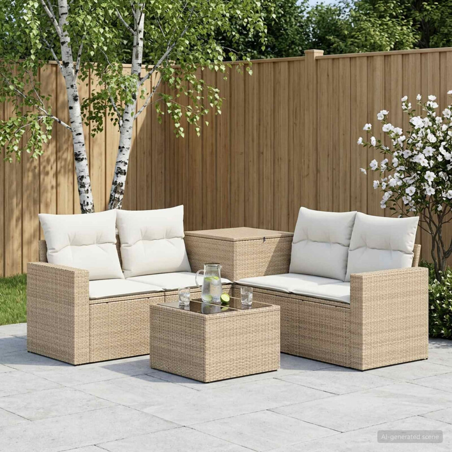 vidaXL Bankstel 6 st Beige en Crème Wit Poly Rattan en Staal afbeelding 1