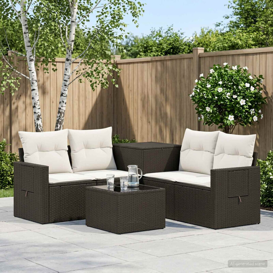vidaXL Bankstel 6 st Zwart en Cream Wit Poly Rattan en Staal vidaXL Bankstel 6 st Zwart en Cream Wit Poly Rattan en Staal afbeelding 1