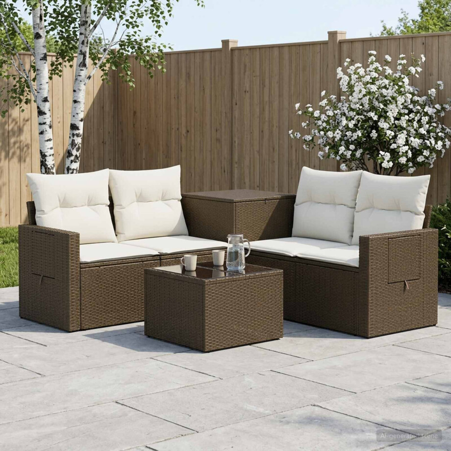 vidaXL Bankstel 6 st Bruin en Crème Wit Poly Rattan en Staal afbeelding 1