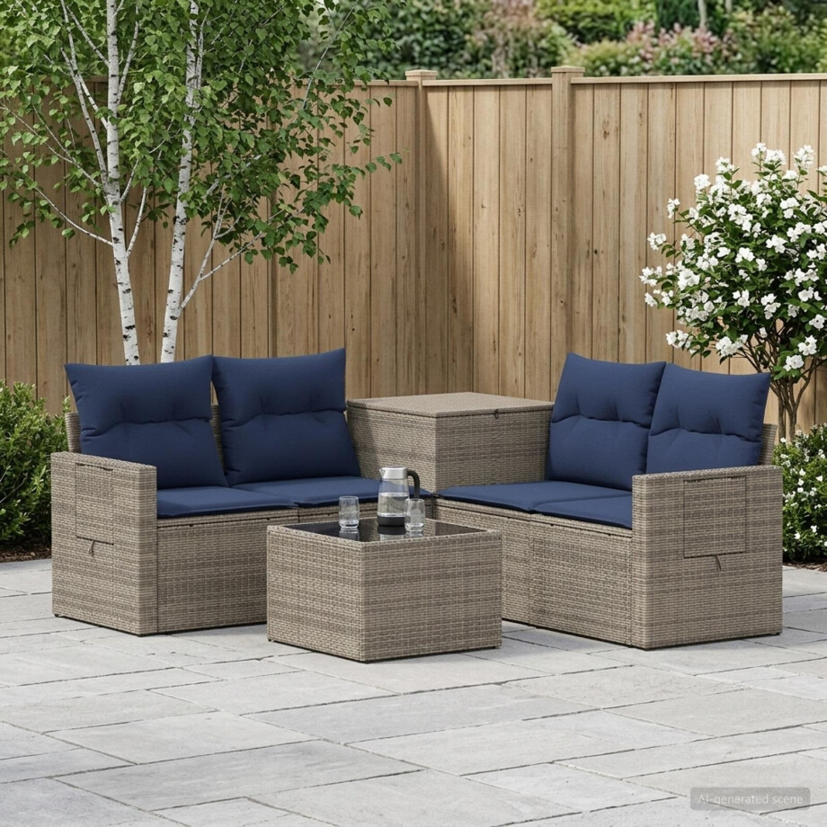 vidaXL Bankstel 6 st Grijs en Marineblauw Poly Rattan en Staal afbeelding 1
