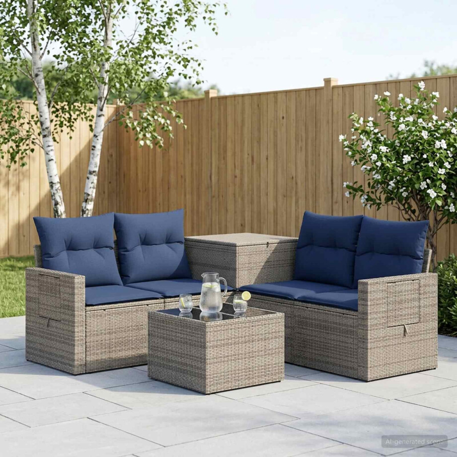 vidaXL Bankstel 6 st Grijs en Marineblauw Poly Rattan en Staal afbeelding 1