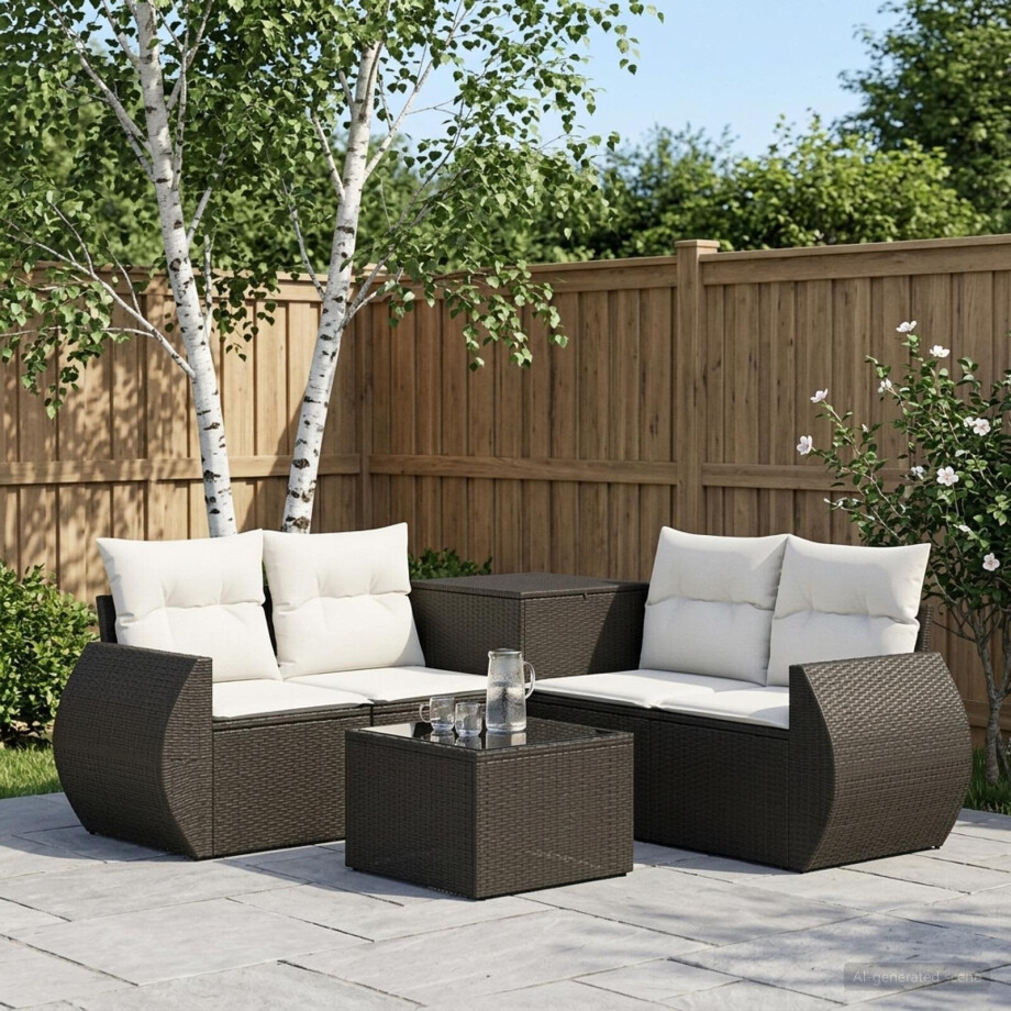 vidaXL Bankstel 6 st Zwart en Cream Wit Poly Rattan en Staal afbeelding 1