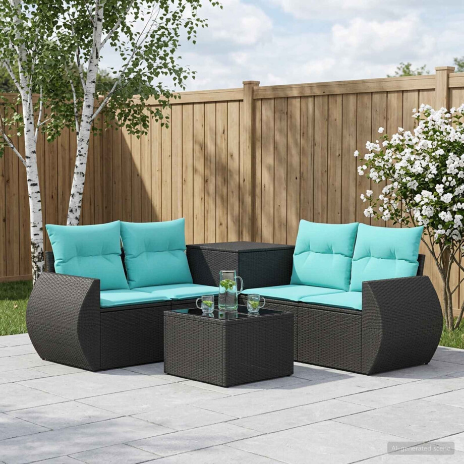 vidaXL Bankstel 6 st Zwart en Blauw Poly Rattan en Staal afbeelding 1