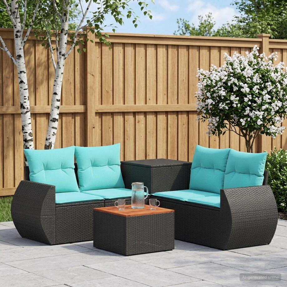 vidaXL Bankstel 6 st Zwart en Blauw Poly Rattan en Staal afbeelding 1