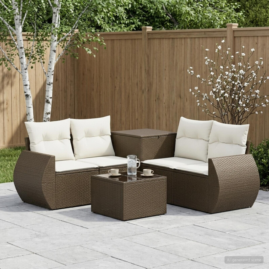 vidaXL Bankstel 6 st Bruin en Crème Wit Poly Rattan en Staal afbeelding 1