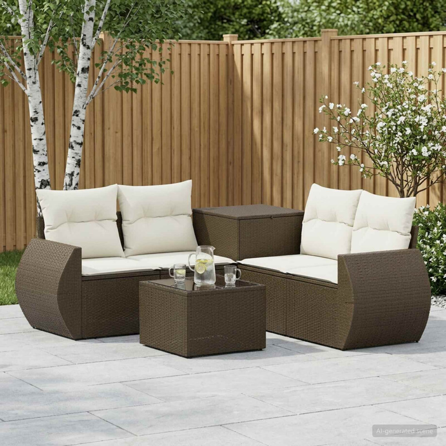 vidaXL Bankstel 6 st Bruin en Crème Wit Poly Rattan en Staal afbeelding 1