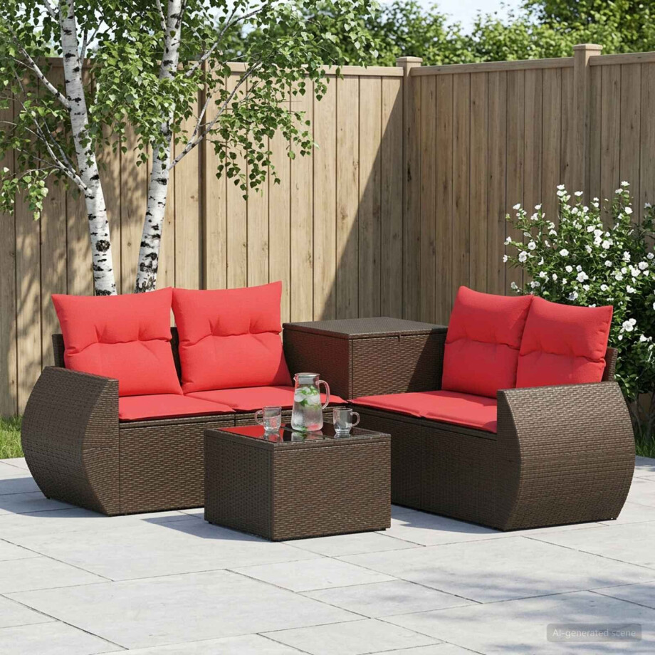 vidaXL Bankstel 6 st Bruin en Rood Poly Rattan en Staal afbeelding 1