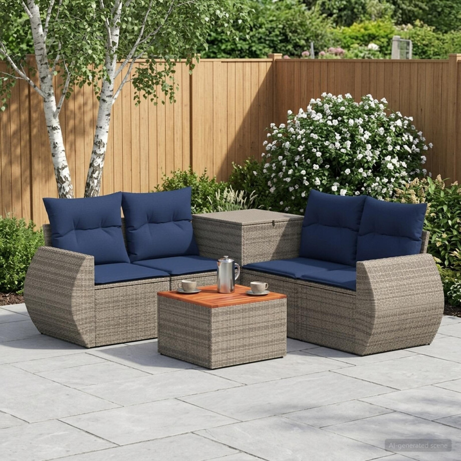 vidaXL Bankstel 6 st Grijs en Marineblauw Poly Rattan en Staal afbeelding 1