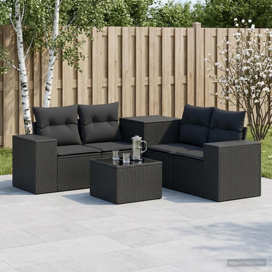 vidaXL Bankstel 6 st Zwart Poly Rattan en Staal vidaXL Bankstel 6 st Zwart Poly Rattan en Staal afbeelding 1