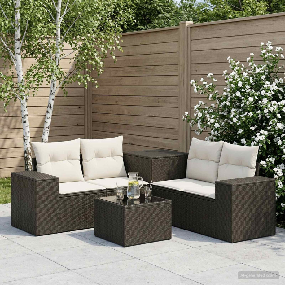 vidaXL Bankstel 6 st Zwart en Cream Wit Poly Rattan en Staal afbeelding 1