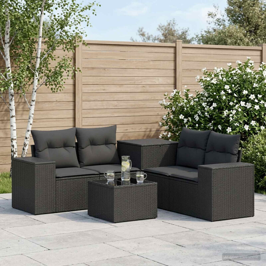 vidaXL Bankstel 6 st Zwart Poly Rattan en Staal vidaXL Bankstel 6 st Zwart Poly Rattan en Staal afbeelding 1