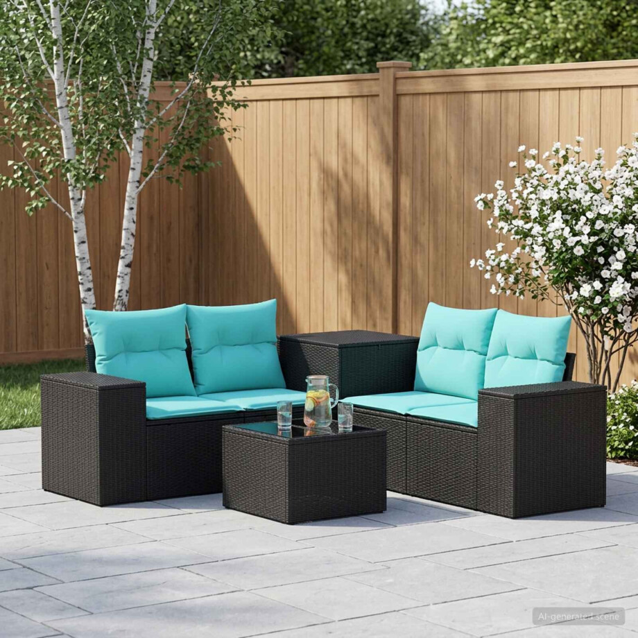 vidaXL Bankstel 6 st Zwart en Blauw Poly Rattan en Staal afbeelding 1