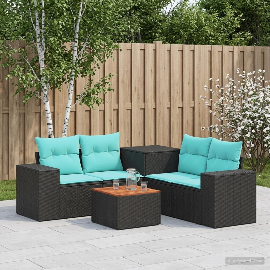 vidaXL Bankstel 6 st Zwart en Blauw Poly Rattan en Staal afbeelding 1