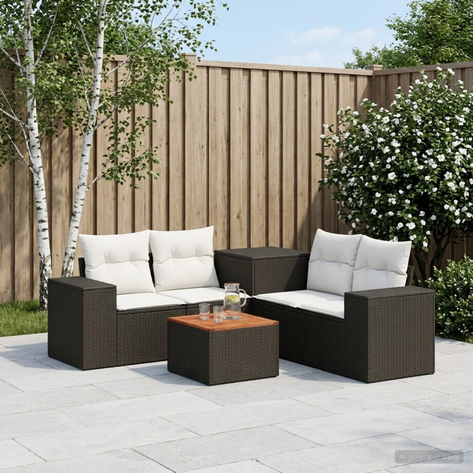 vidaXL Bankstel 6 st Zwart en Cream Wit Poly Rattan en Staal vidaXL Bankstel 6 st Zwart en Cream Wit Poly Rattan en Staal afbeelding 1