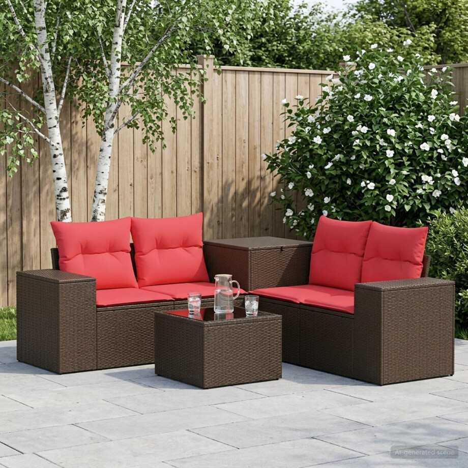 vidaXL Bankstel 6 st Bruin en Rood Poly Rattan en Staal afbeelding 1