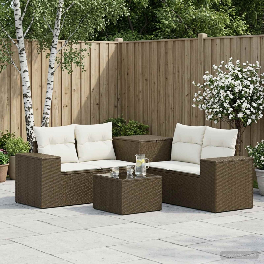vidaXL Bankstel 6 st Bruin en Crème Wit Poly Rattan en Staal afbeelding 1