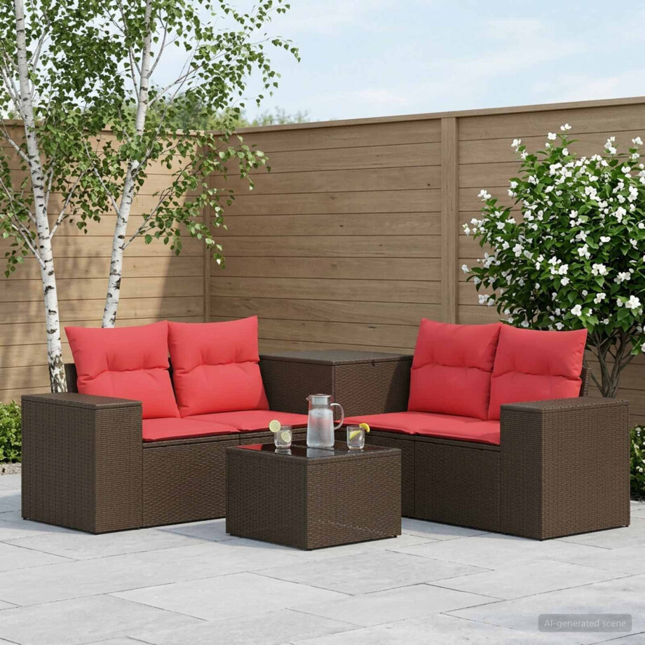 vidaXL Bankstel 6 st Bruin en Rood Poly Rattan en Staal afbeelding 1
