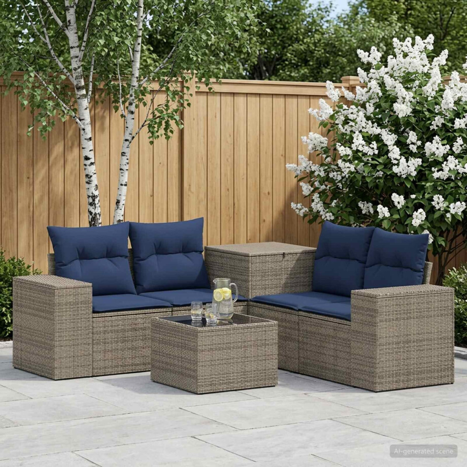 vidaXL Bankstel 6 st Grijs en Marineblauw Poly Rattan en Staal afbeelding 1
