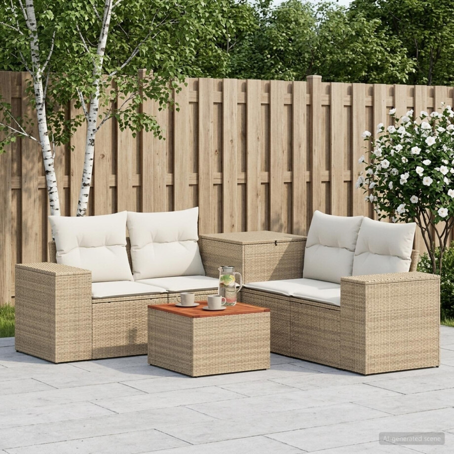vidaXL Bankstel 6 st Beige en Crème Wit Poly Rattan en Staal afbeelding 1