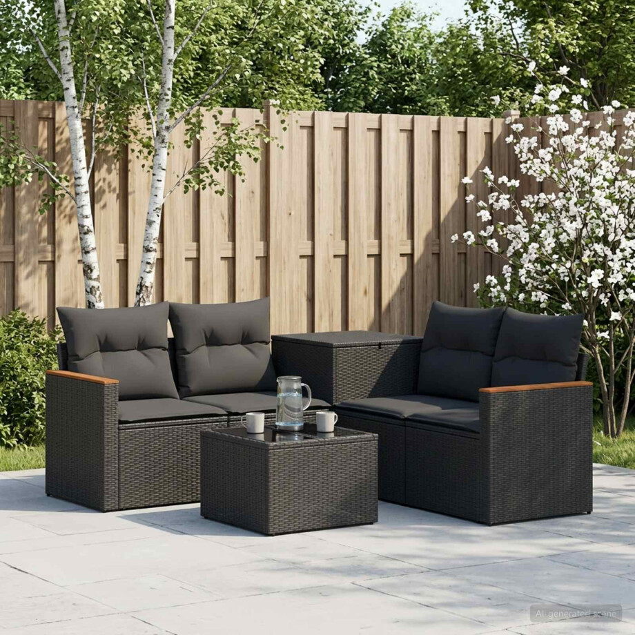 vidaXL Bankstel 6 st Zwart Poly Rattan en Staal vidaXL Bankstel 6 st Zwart Poly Rattan en Staal afbeelding 1