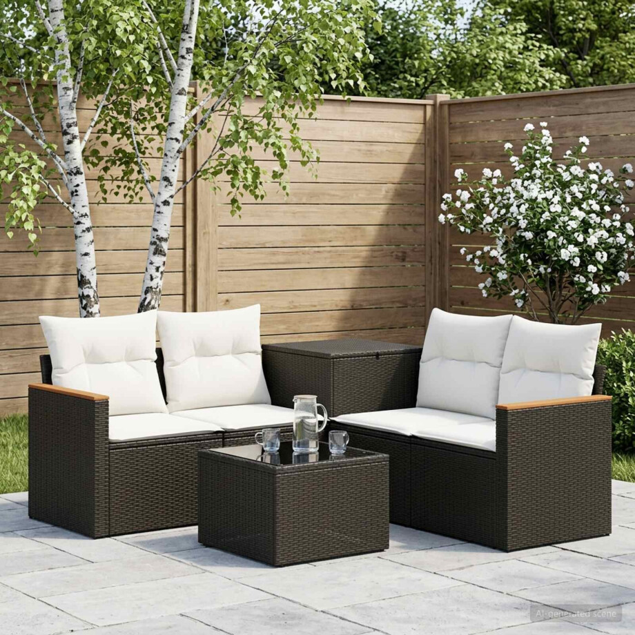 vidaXL Bankstel 6 st Zwart en Cream Wit Poly Rattan en Staal afbeelding 1