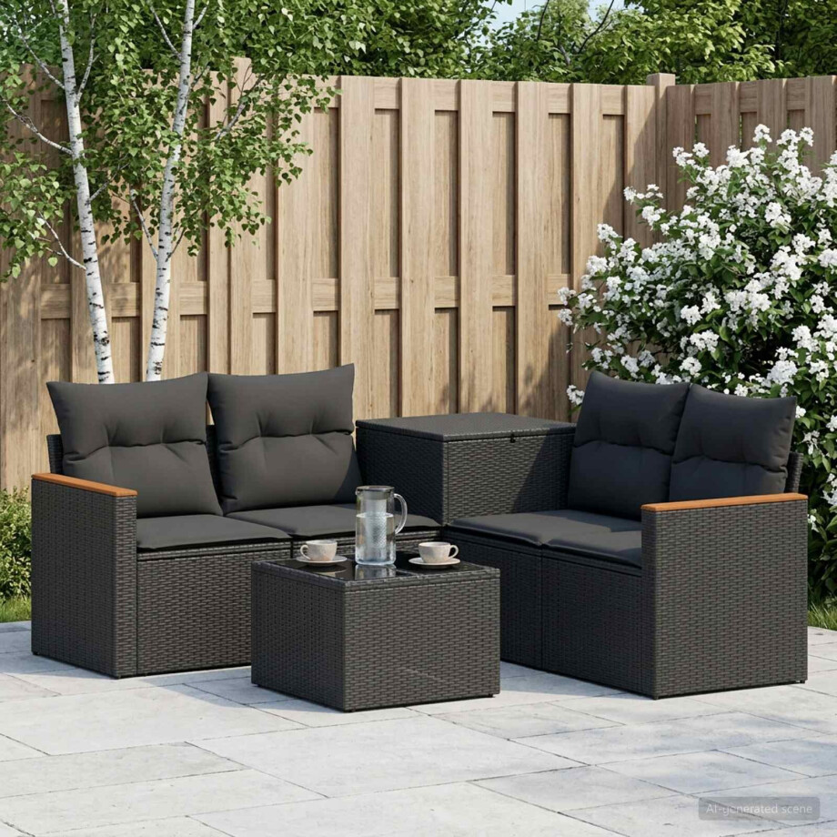 vidaXL Bankstel 6 st Zwart Poly Rattan en Staal vidaXL Bankstel 6 st Zwart Poly Rattan en Staal afbeelding 1