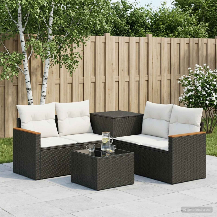 vidaXL Bankstel 6 st Zwart en Cream Wit Poly Rattan en Staal afbeelding 1