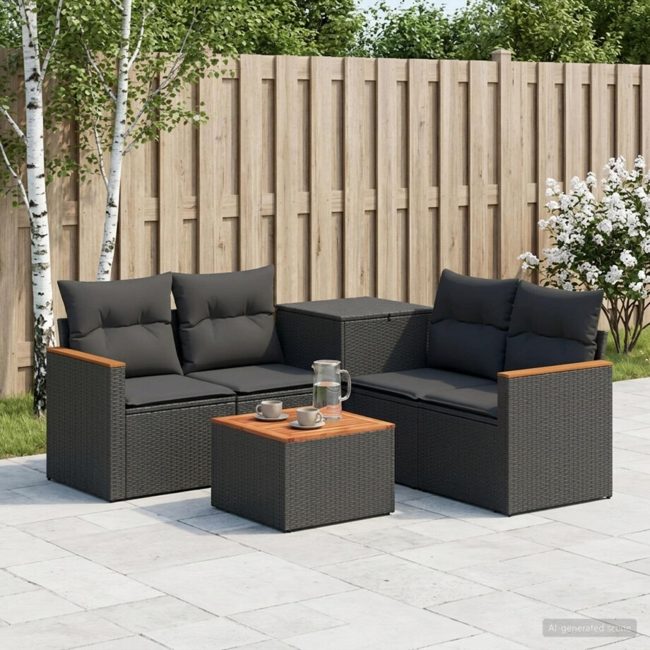 vidaXL Bankstel 6 st Zwart Poly Rattan en Staal afbeelding 1