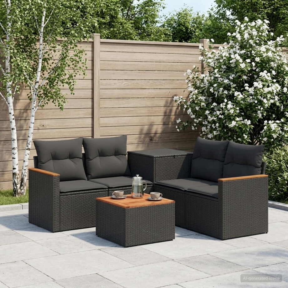 vidaXL Bankstel 6 st Zwart Poly Rattan en Staal afbeelding 1