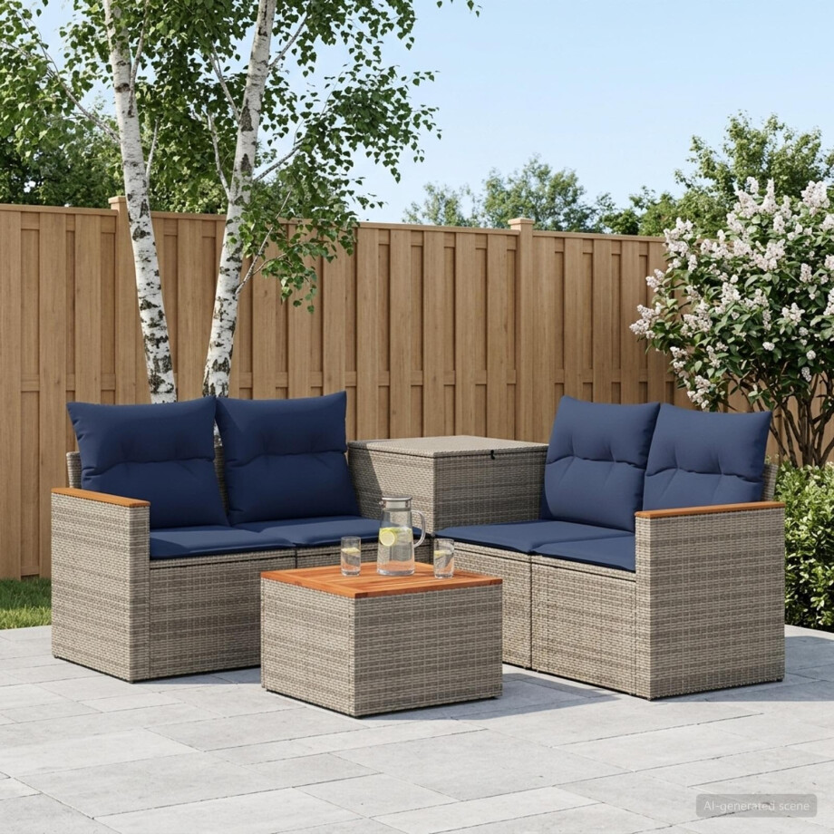 vidaXL Bankstel 6 st Grijs en Marineblauw Poly Rattan en Staal afbeelding 1