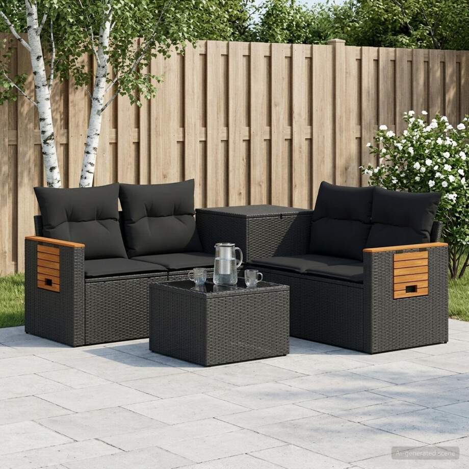vidaXL Bankstel 6 st Zwart Poly Rattan en Staal afbeelding 1