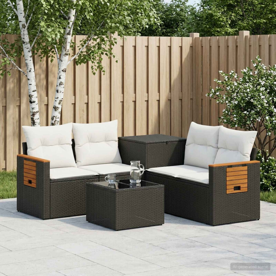 vidaXL Bankstel 6 st Zwart en Cream Wit Poly Rattan en Staal afbeelding 1