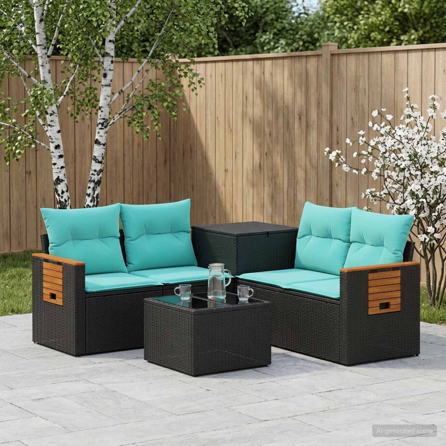 vidaXL Bankstel 6 st Zwart en Blauw Poly Rattan en Staal afbeelding 1