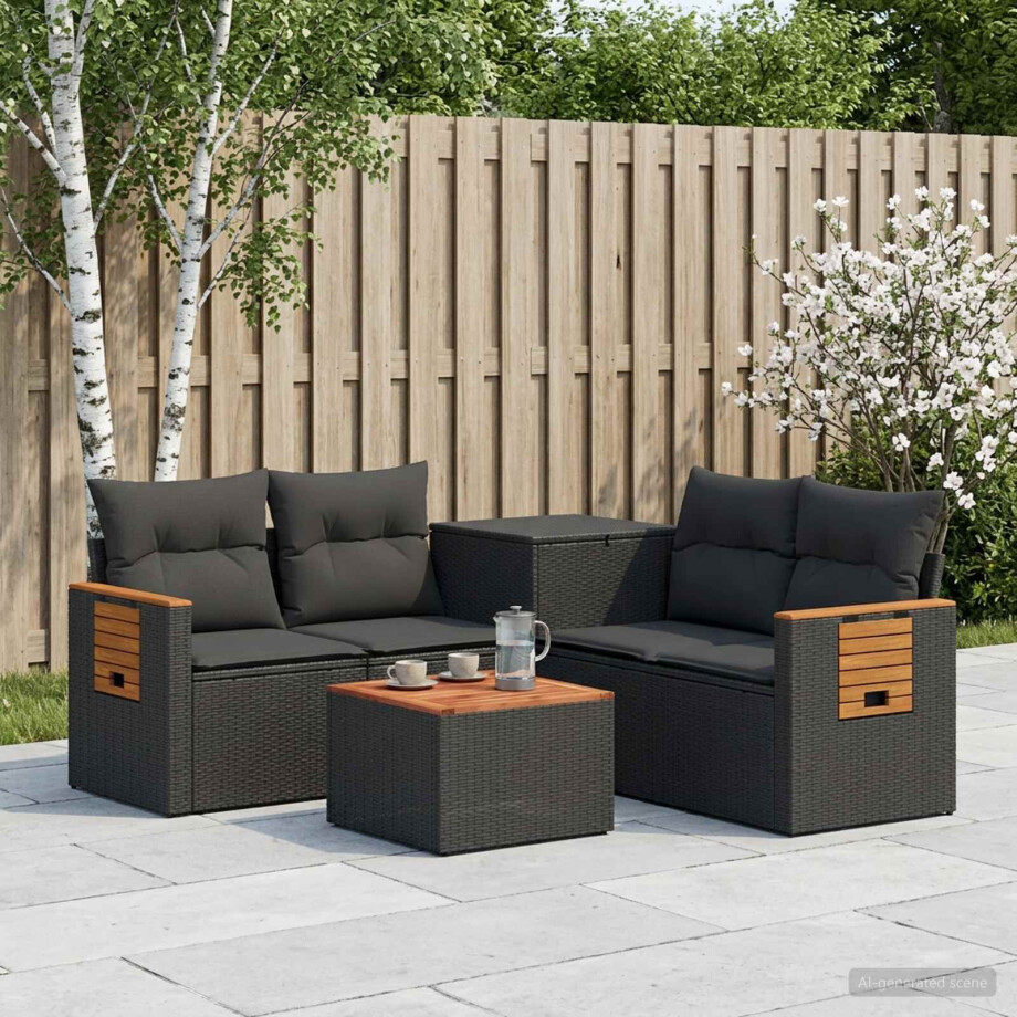 vidaXL Bankstel 6 st Zwart Poly Rattan en Staal afbeelding 1