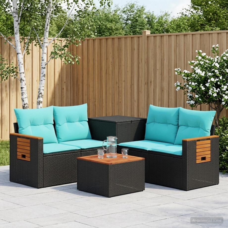 vidaXL Bankstel 6 st Zwart en Blauw Poly Rattan en Staal afbeelding 1