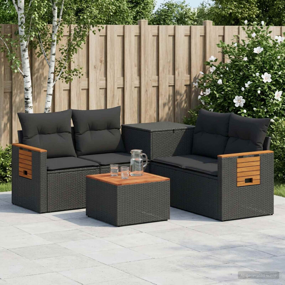 vidaXL Bankstel 6 st Zwart Poly Rattan en Staal afbeelding 1