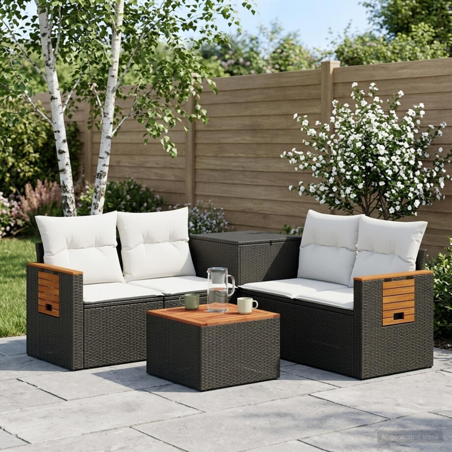 vidaXL Bankstel 6 st Zwart en Cream Wit Poly Rattan en Staal vidaXL Bankstel 6 st Zwart en Cream Wit Poly Rattan en Staal afbeelding 1