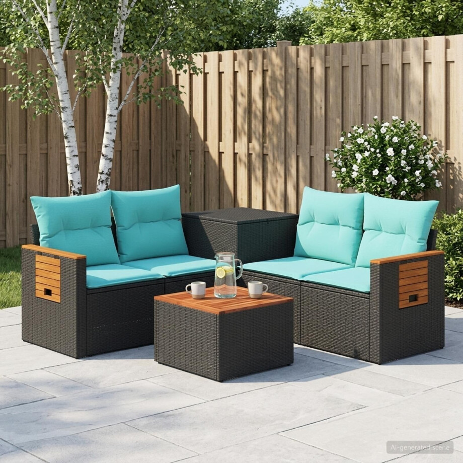 vidaXL Bankstel 6 st Zwart en Blauw Poly Rattan en Staal afbeelding 1