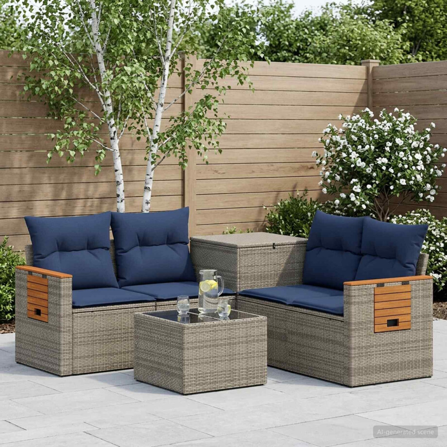 vidaXL Bankstel 6 st Grijs en Marineblauw Poly Rattan en Staal vidaXL Bankstel 6 st Grijs en Marineblauw Poly Rattan en Staal afbeelding 1