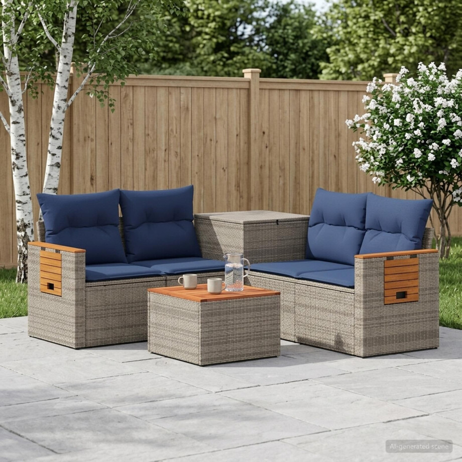 vidaXL Bankstel 6 st Grijs en Marineblauw Poly Rattan en Staal afbeelding 1