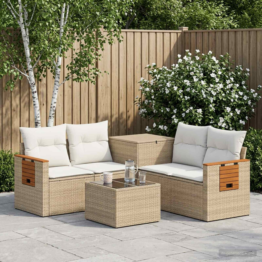 vidaXL Bankstel 6 st Beige en Crème Wit Poly Rattan en Staal afbeelding 1