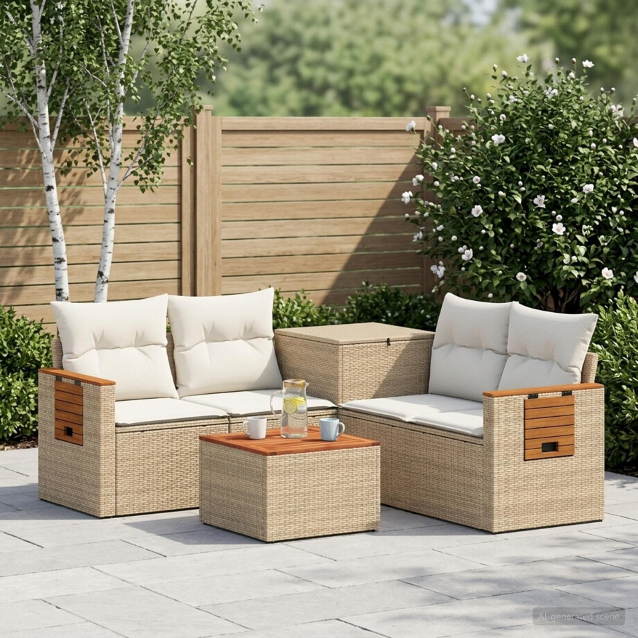 vidaXL Bankstel 6 st Beige en Crème Wit Poly Rattan en Staal afbeelding 1