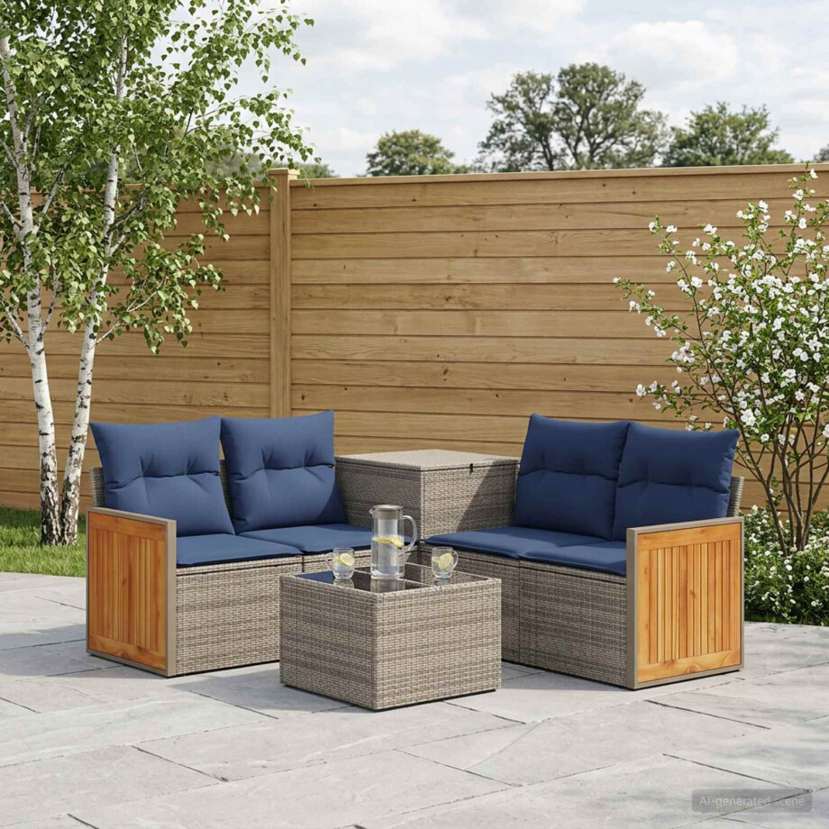 vidaXL Bankstel 6 st Grijs en Marineblauw Poly Rattan en Staal afbeelding 1