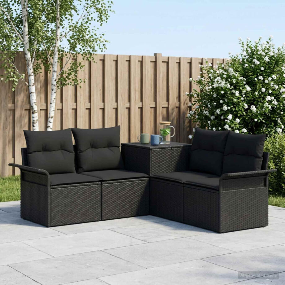 vidaXL Bankstel 5 st Zwart Poly Rattan en Staal afbeelding 1