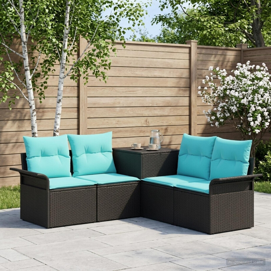 vidaXL Bankstel 5 st Zwart en Blauw Poly Rattan en Staal afbeelding 1