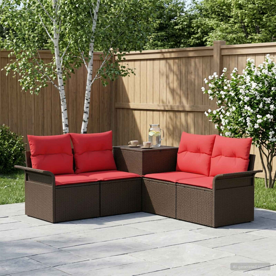 vidaXL Bankstel 5 st Bruin en Rood Poly Rattan en Staal vidaXL Bankstel 5 st Bruin en Rood Poly Rattan en Staal afbeelding 1