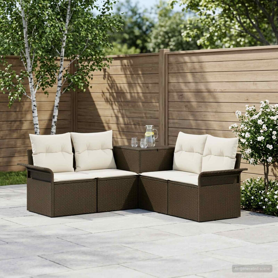 vidaXL Bankstel 5 st Bruin en Crème Wit Poly Rattan en Staal vidaXL Bankstel 5 st Bruin en Crème Wit Poly Rattan en Staal afbeelding 1