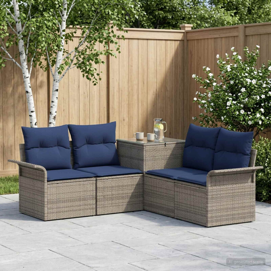 vidaXL Bankstel 5 st Grijs en Marineblauw Poly Rattan en Staal afbeelding 1