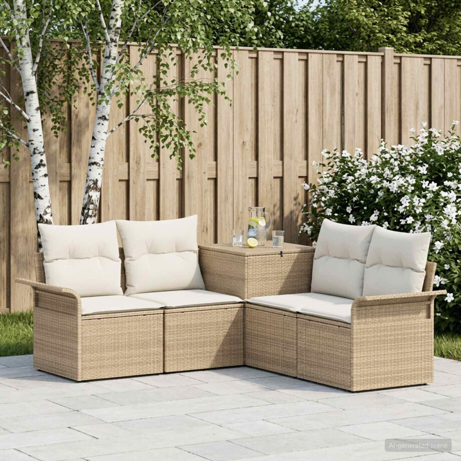 vidaXL Bankstel 5 st Beige en Crème Wit Poly Rattan en Staal afbeelding 1