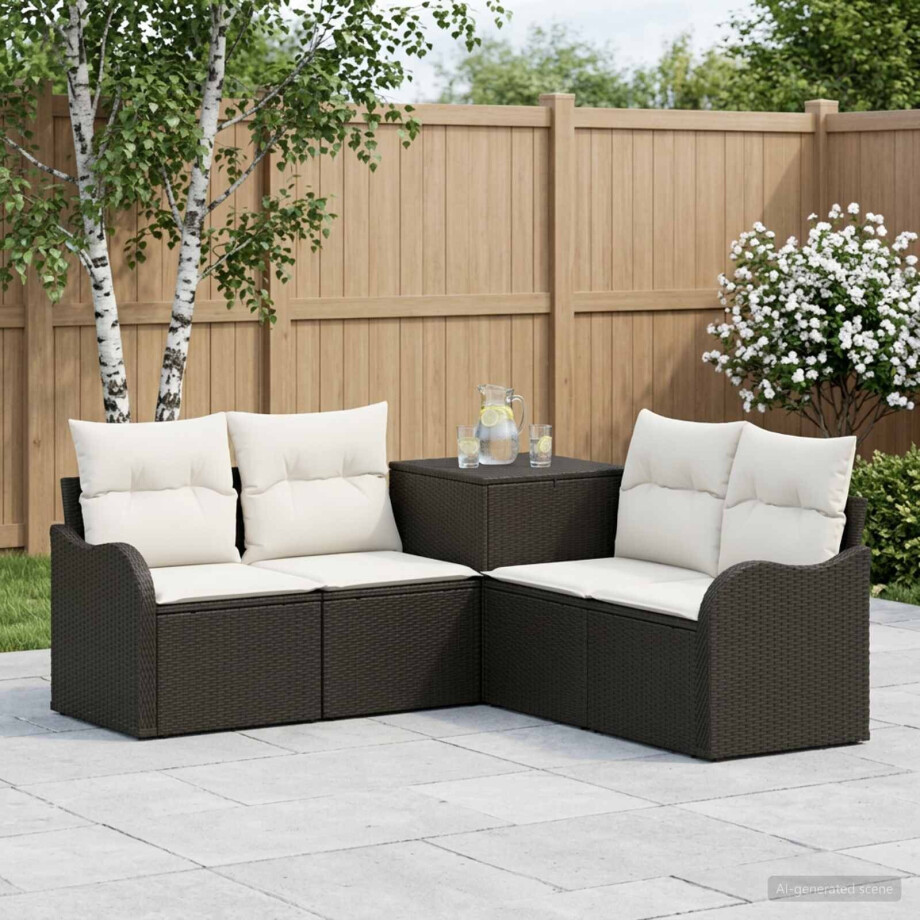 vidaXL Bankstel 5 st Zwart en Cream Wit Poly Rattan en Staal afbeelding 1